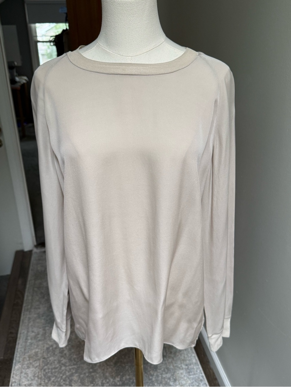 Vince Ribbed Trim Long Sleeve Satin Top